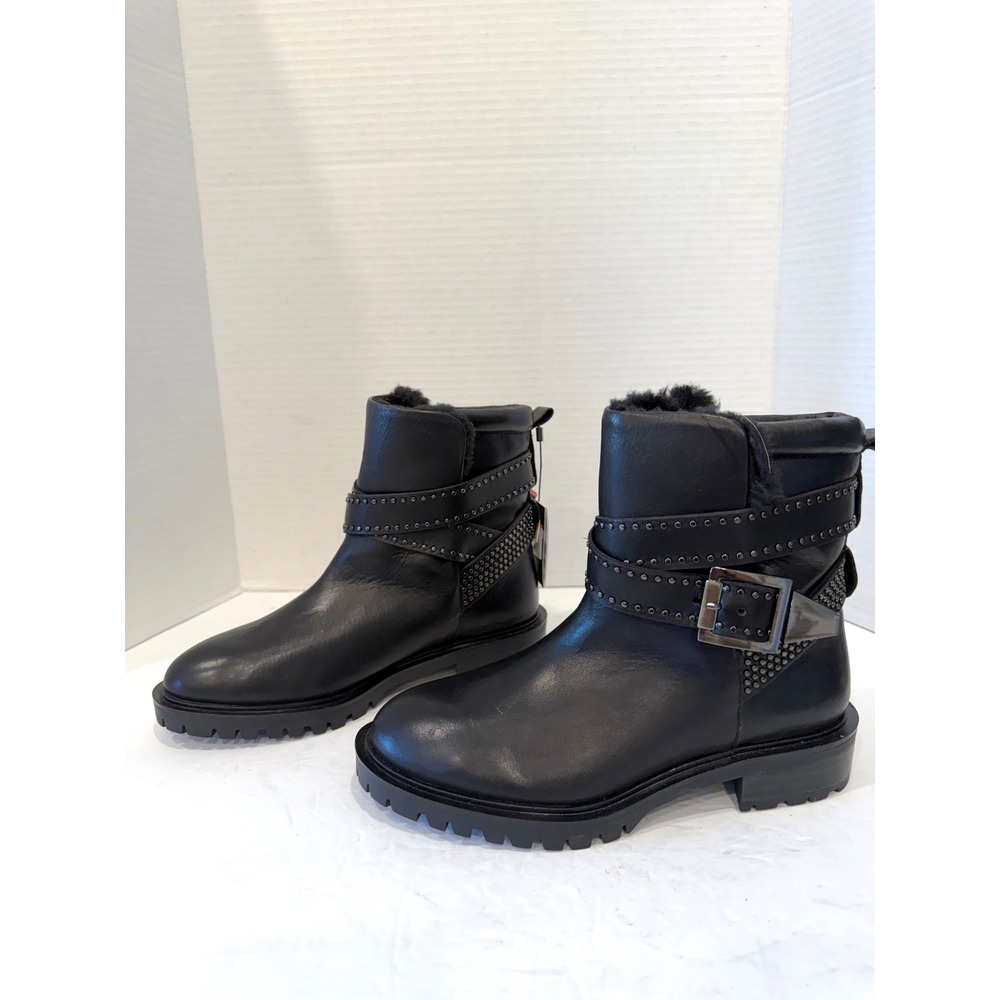 NWT Zara Black Leather Silver Studded Faux Fur Moto Lug Sole Ankle Boots Sz 6